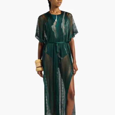 Caftán largo con flecos eucalipto