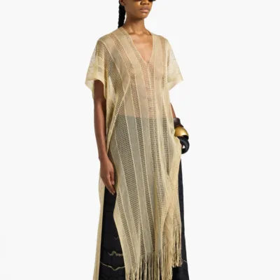 Caft&aacute;n largo a rayas con flecos dorado